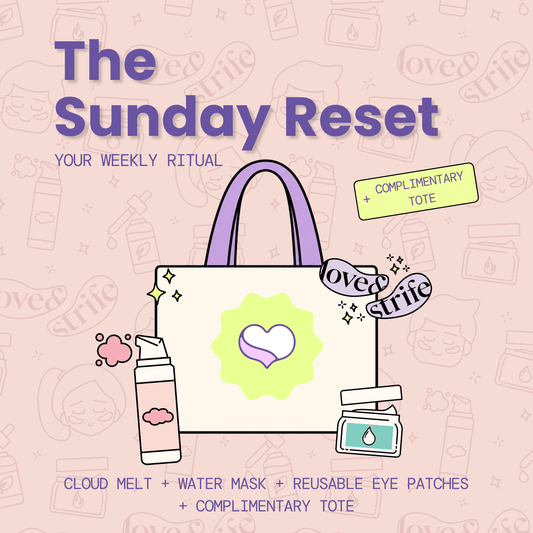 Promotional graphic for 'The Sunday Reset' weekly ritual kit by love&strife. The illustration features a cream tote bag with a purple handle, accompanied by Cloud Melt, Water Mask and the Reusable Eye Patches, all set against a light pink patterned background with purple text.