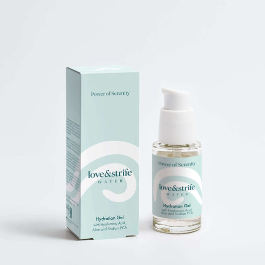 love&strife Hydration Gel bottle with matching packaging box on a white background, featuring hyaluronic acid, aloe, and sodium PCA.