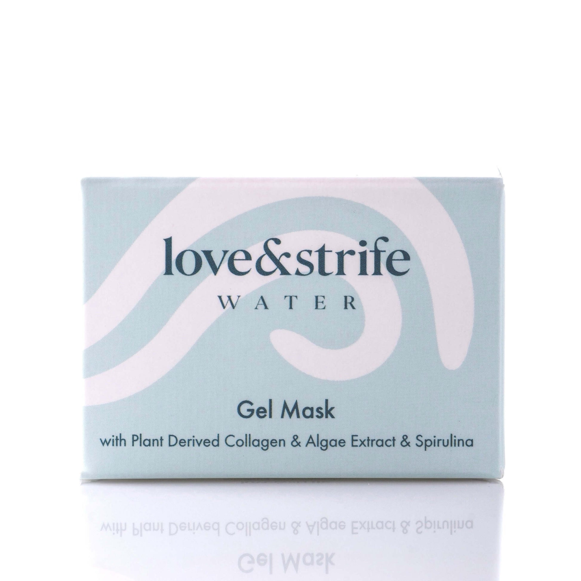 Blue box of "love&strife Water Gel Mask" with Plant Derived Collagen, Algae Extract and Spirulina. The packaging features the product name and key ingredients in blue text on a light blue background with white curved lines, emphasizing natural and watery themes.