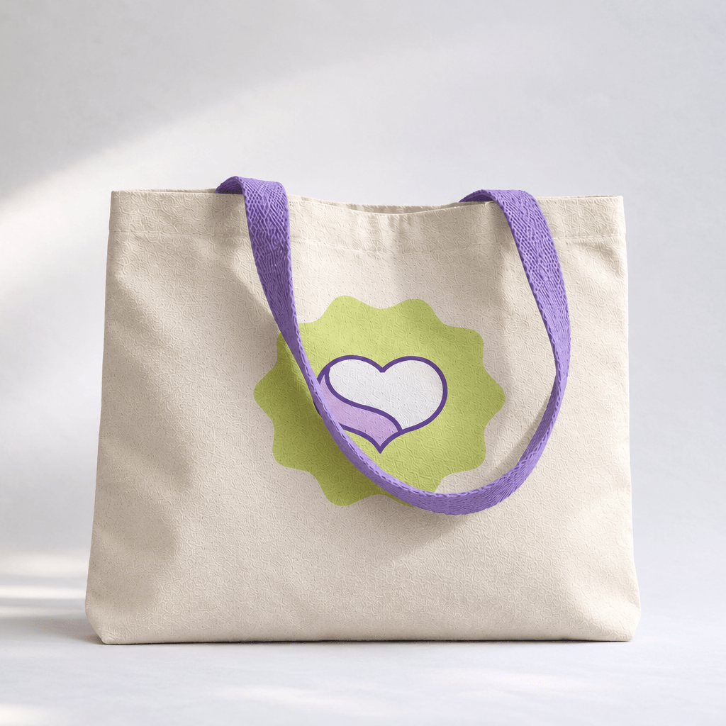 A natural canvas tote bag with purple fabric handles and a central graphic of a purple heart inside a light neon yellow scalloped circle, set against a light gray background with soft shadows.